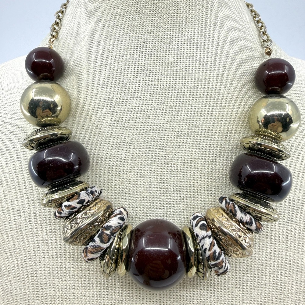 Statement Chunky Necklace Gold Tone Leopard Print Boho Festival Layering Gift